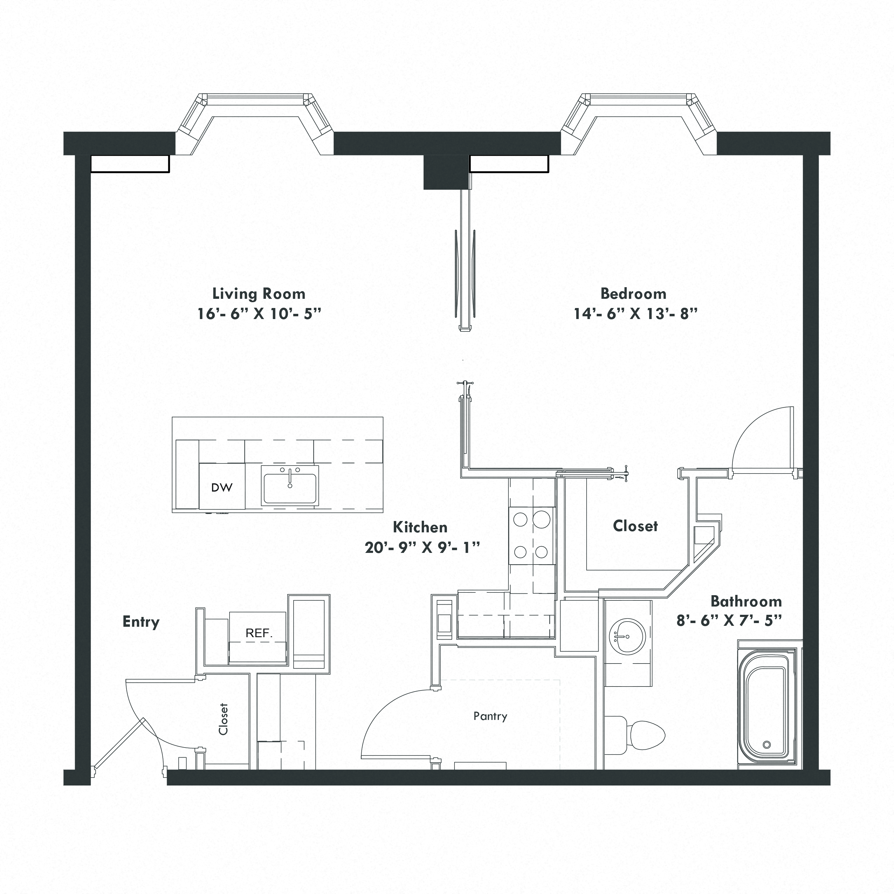 Floor plan for 1 bed, 1 bath, 840 sqft